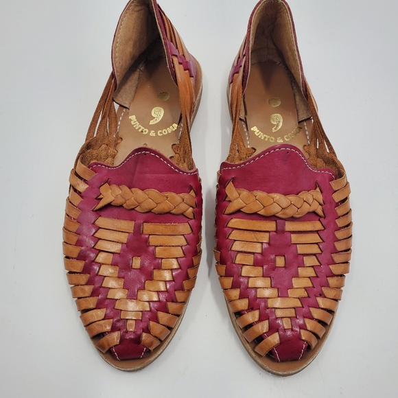 Punto & Coma Mexican Leather Huarache Pink/Brown/Tan Boho Woven Sandals Shoes - Picture 3 of 7